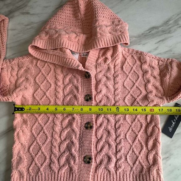 Derek Heart Chunky Chenille Cable Knit Cardigan Sweater Hooded S Coral Button Up - Picture 10 of 15
